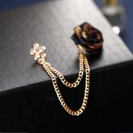 Rose Flower Diamond Collar Pin Fashion Suit Brooch Collar Chain