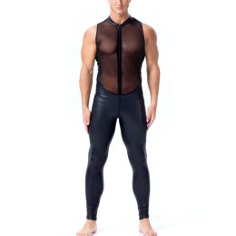 Men's Wild Patent Leather And Mesh Panel Bodysuit