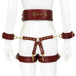 Leather Handcuffs Leg Cuffs With Waist Restraint Belt Toys